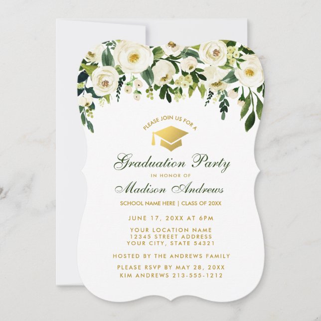 Aquarelle Vert Floral Graduation Invitation B (Devant)