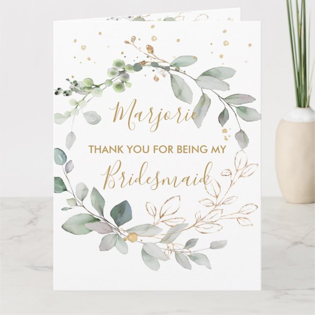 Aquarelle vert & or feuille Merci (Devant)