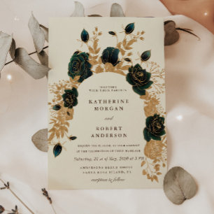 aquarelle vert or roses Faire-part de mariage