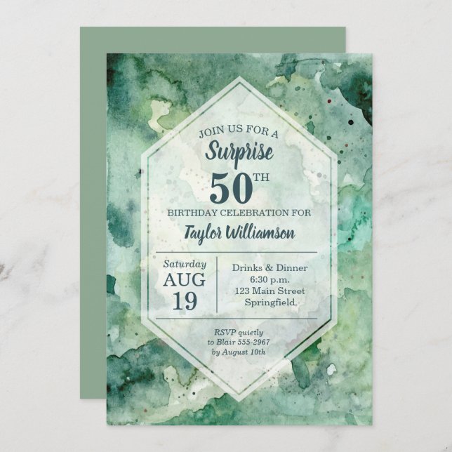 Aquarelle verte Abstraite moderne Invitations d'an (Devant / Derrière)