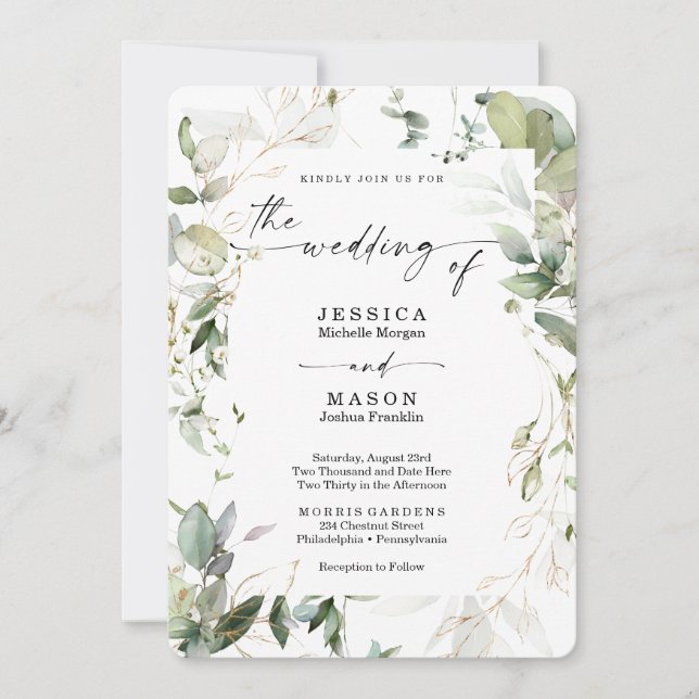 Aquarelle verte avec Faire-part de mariage or (Devant)