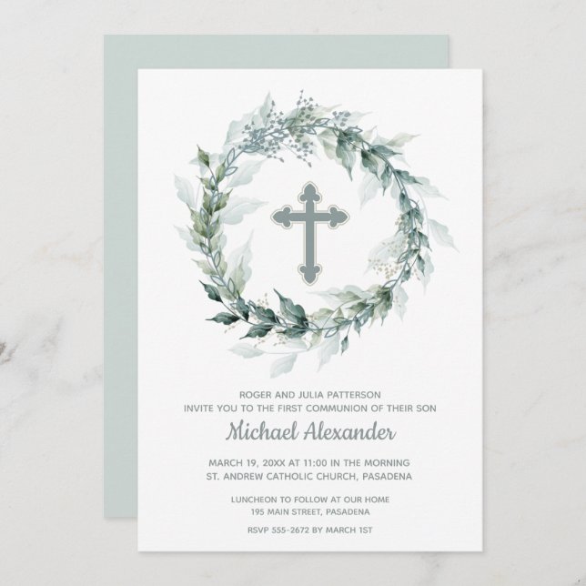 Aquarelle verte Cross Communion Invitations (Devant / Derrière)