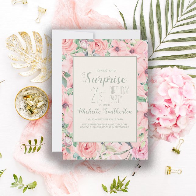 Aquarelle verte de Monnaie rose Floral 21e anniver (Soft blush pink floral 21st birthday party invitation)