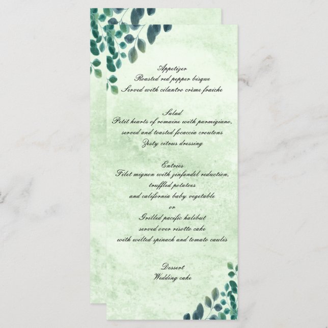 Aquarelle verte Eucalyptus Feuille Menu Mariage (Devant / Derrière)