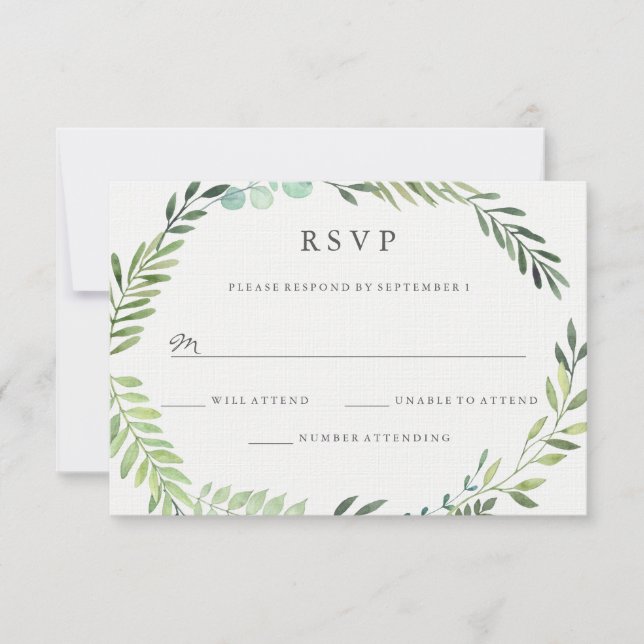 Aquarelle verte Feuille couronne mariage RSVP (Devant)