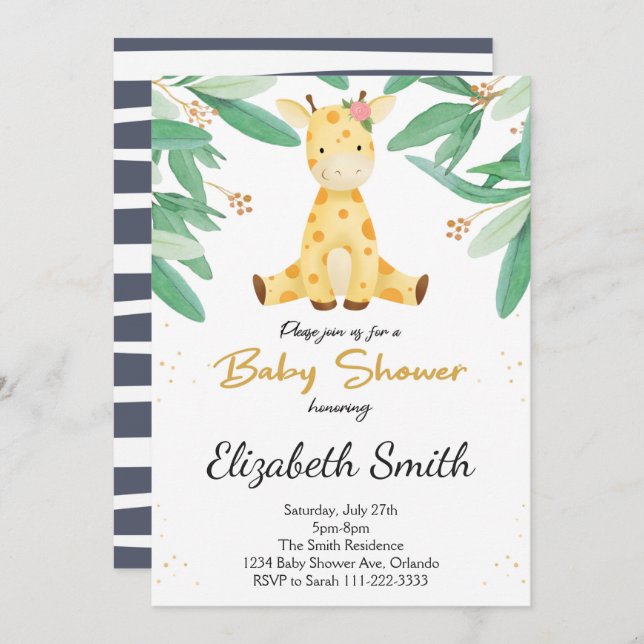 Aquarelle verte Giraffe Baby shower Invitation (Devant / Derrière)