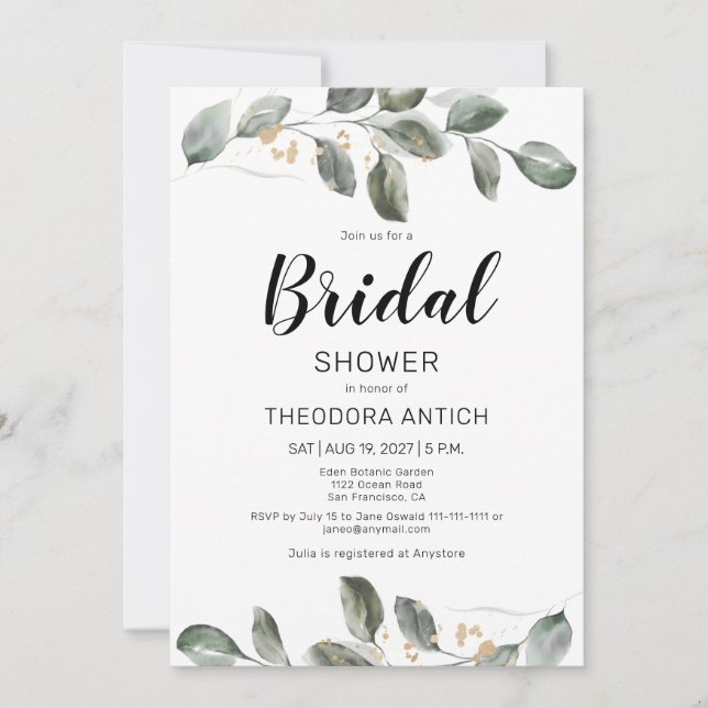 Aquarelle verte Invitation de douche nuptiale (Devant)