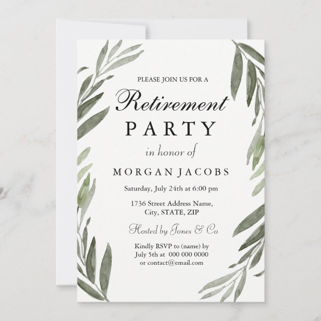 Aquarelle verte Leaf Retraite Party Invitation (Devant)