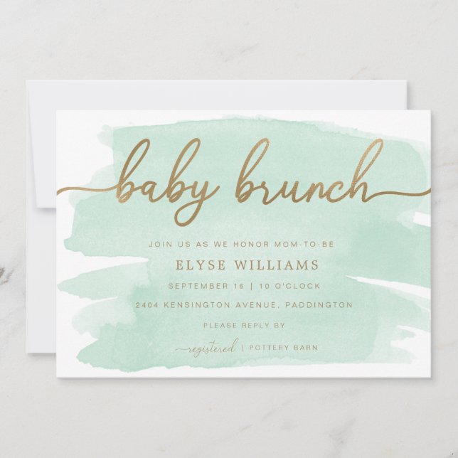 Aquarelle verte Mint Gold Baby Brunch Invitation (Devant)