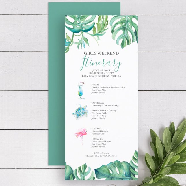 Aquarelle verte tropicale Feuille Heekend Itinérai (girl's weekend invitation itinerary tropical watercolor art by Victoria Grigaliunas)