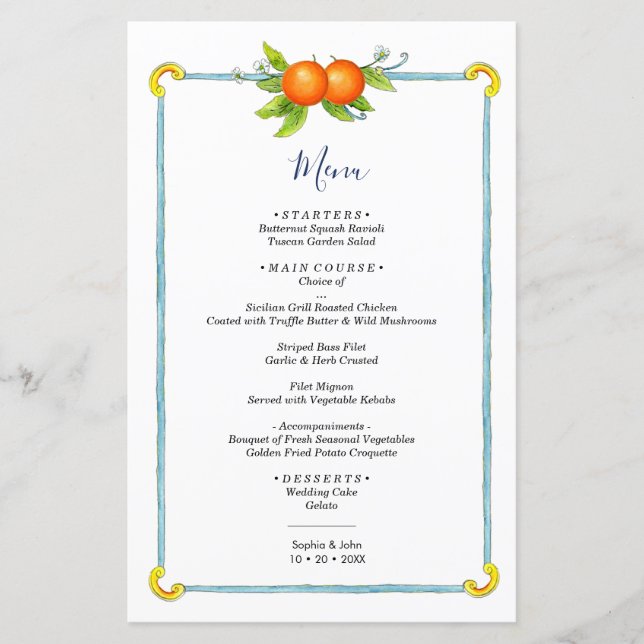 Aquarelle vintage agrumes menu mariage (Devant)