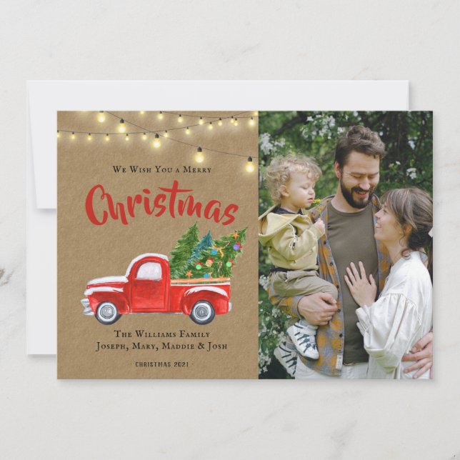 Aquarelle Vintage Camion rouge arbre photo vacance (Devant)