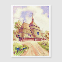 Aquarelle Vintage de l'église ukrainienne en bois