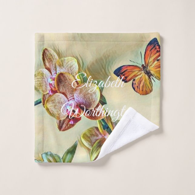 Aquarelle vintage Fleurs d'orchidée rose jaune (Gant de toilette)