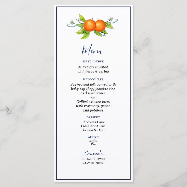 Aquarelle vintage orange Menu douche nuptiale (Devant)