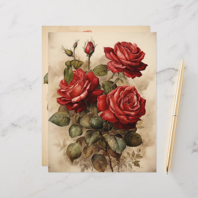 Aquarelle vintage Roses Rouges Papier Carton (Devant/Arrière en situation)
