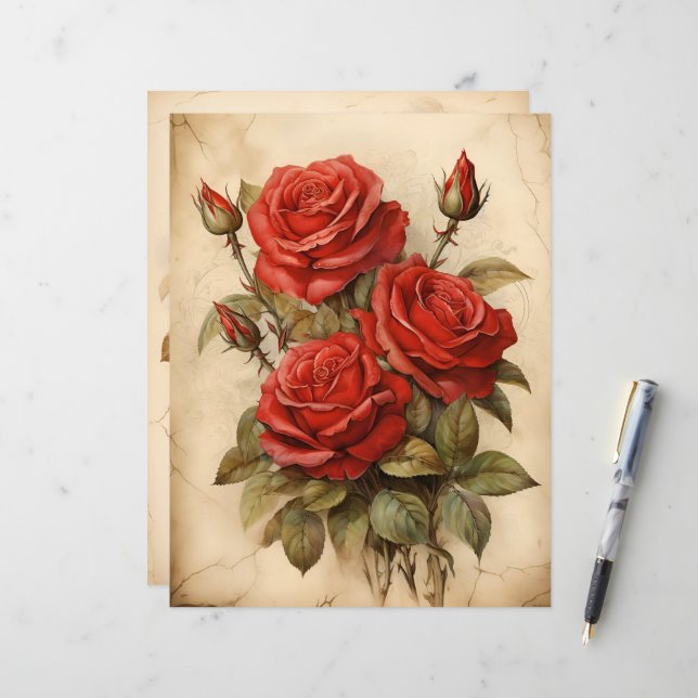 Aquarelle vintage Roses Rouges Papier Carton (Devant/Arrière en situation)