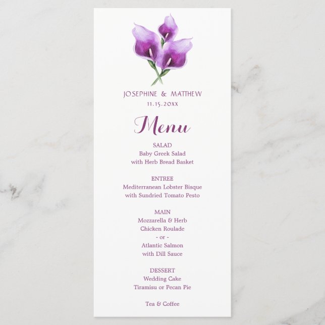 Aquarelle violet Calla Lily Floral Menu Mariage (Devant)