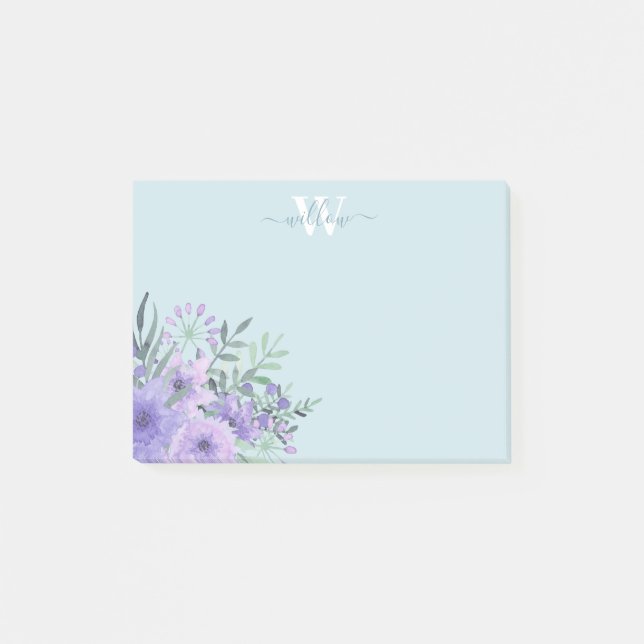 Aquarelle Violet Floral Monogramme Post-It Notes (Devant)