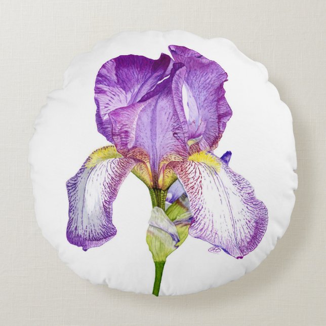 Aquarelle violet Iris ~ Chic Floral Coussin rond (Devant)