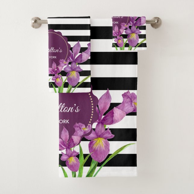 Aquarelle violet Irises noir blanc rayures (En situation)