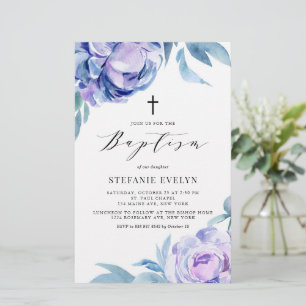 Aquarelle Violet Peony Fleurs Baptême Invitation