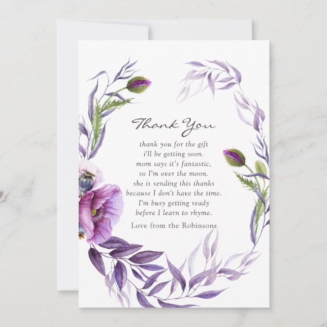 Aquarelle Violet Poppy Floral Baby shower Merci (Devant)