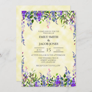 Aquarelle violet sur invitation mariage jaune