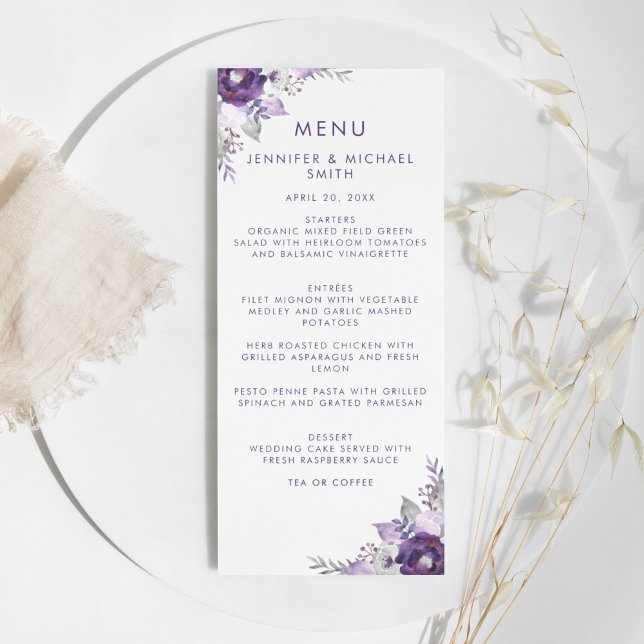 Aquarelle violette et argentée Menu Mariage Floral (Purple and Silver Watercolor Floral Wedding Menu)