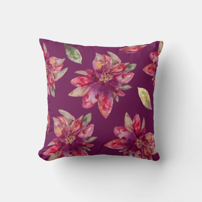 Aquarelle violette Festive Poinsettia Coussin (Recto)