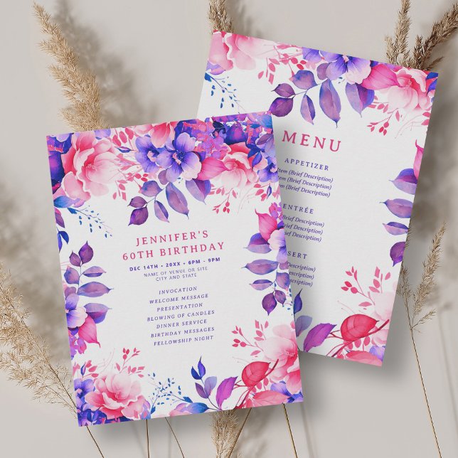 Aquarelle violette Floral 60 Programme d'anniversa (Purple Watercolor Floral 60 Birthday Program Menu)