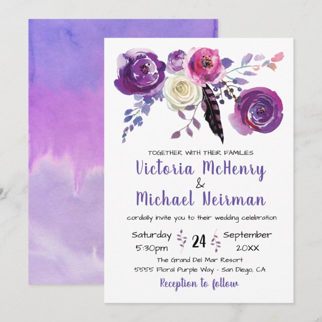 Aquarelle violette Floral Boho invitations de mari (Devant / Derrière)