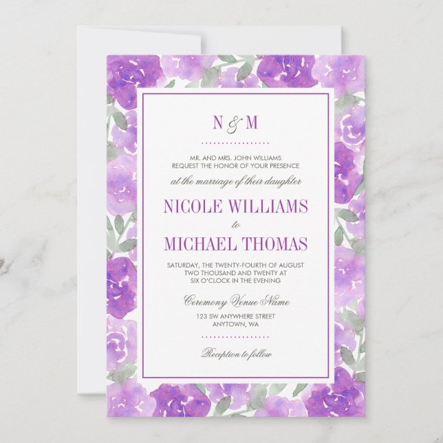 Aquarelle violette Floral Garden Invitation de mar (Devant)