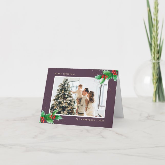 Aquarelle violette Holly Photo Joyeuse Carte de No (Devant)