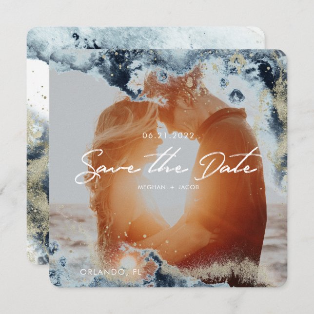 Aquarelle Waves Photo Enregistrer la carte Date (Devant / Derrière)