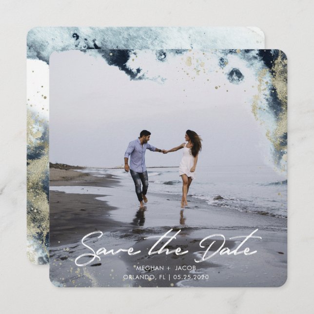 Aquarelle Waves Photo Enregistrer la carte Date (Devant / Derrière)