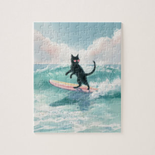 Aquarelle Whimsical Black Cat Surfing Puzzle