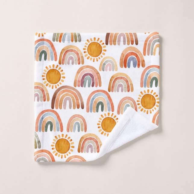 Aquarelle Whimsical Boho Rainbow et Sun Kids  (Gant de toilette)