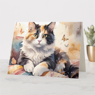 Aquarelle Whimsical Calico Cat Carte de voeux