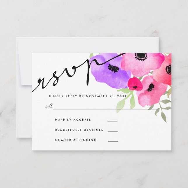 Aquarelle Whimsical Floral Wedding RSVP Script (Devant)