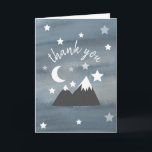 Aquarelle Wilderness Stars Montagnes Merci<br><div class="desc">Carte de remerciements illustrant une montagne entourée d'étoiles. L'Arrière - plan est d'inspiration bleu foncé. Des invitations assorties à des douches pour bébés sont disponibles à Jill's Paperie.</div>