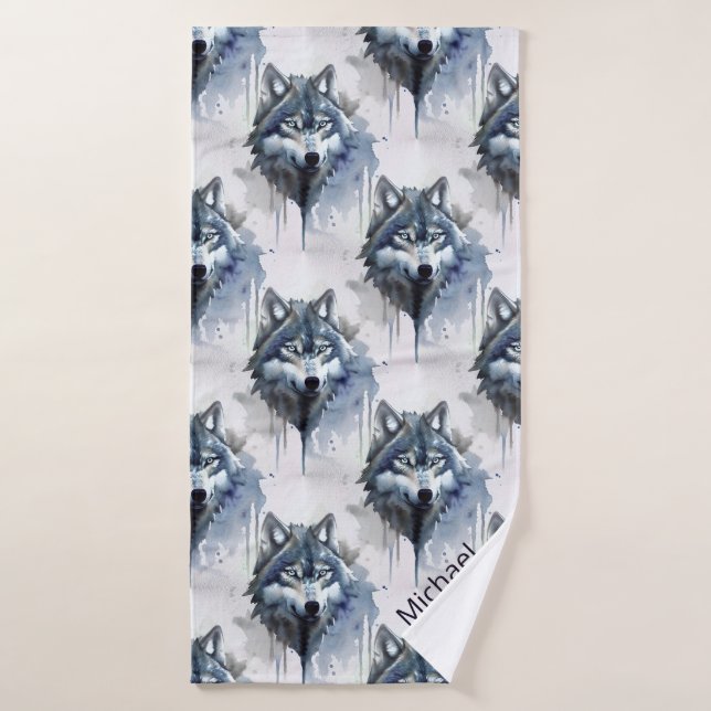 Aquarelle Wolf Head Dusty Blue (Serviette de bain)