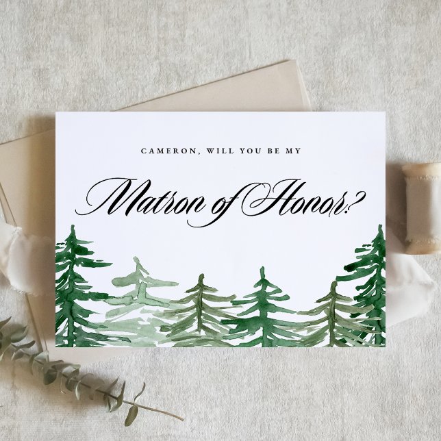 Aquarelle Woodland Serez-vous mon maître d'honneur ( Customizable Woodland "Will You Be My Matron of Honor?" Card featuring watercolor forest.)