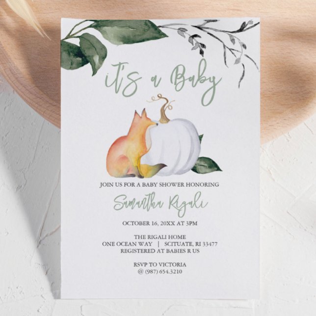 Aquarelle Woodland Unique Baby Shower Invitations (Autumn-themed baby shower invites woodland fox and white pumpkin gender neutral)