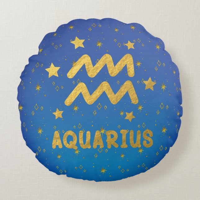 Aquarius Zodiac Coussin bleu et or rond (Devant)