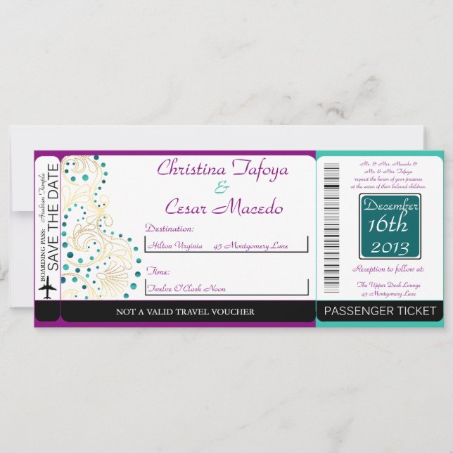 Arabian Purple Boarding Pass Faire-part de mariage (Devant)