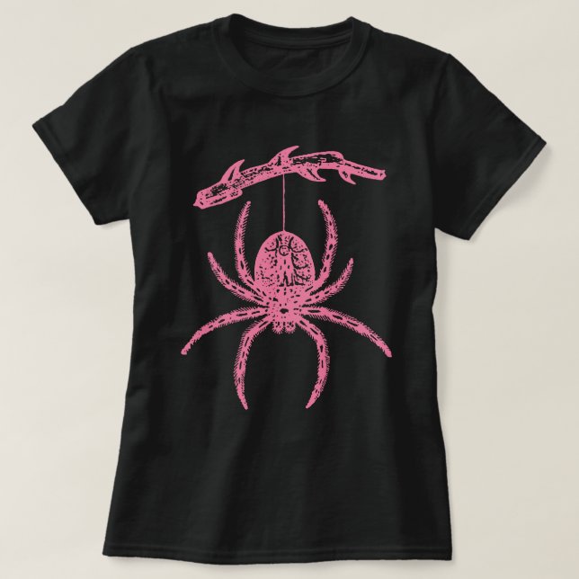 Araignée rose accrochée à la serrure T-shirt (Design devant)