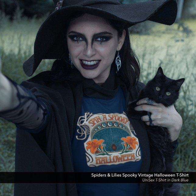 Araignées et Lys Éffrayant T-shirt Halloween Vinta (Spiders & Lilies Spooky Vintage Halloween Unisex T-Shirt in Navy Blue)