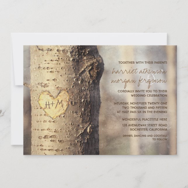 arbre à coeur sculpté invitations de mariage rusti (Devant)
