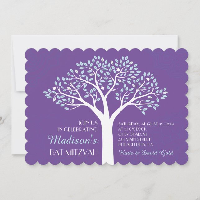 ARBRE AVEC ÉTOILES Bat mitzvah violet Invitation (Devant)